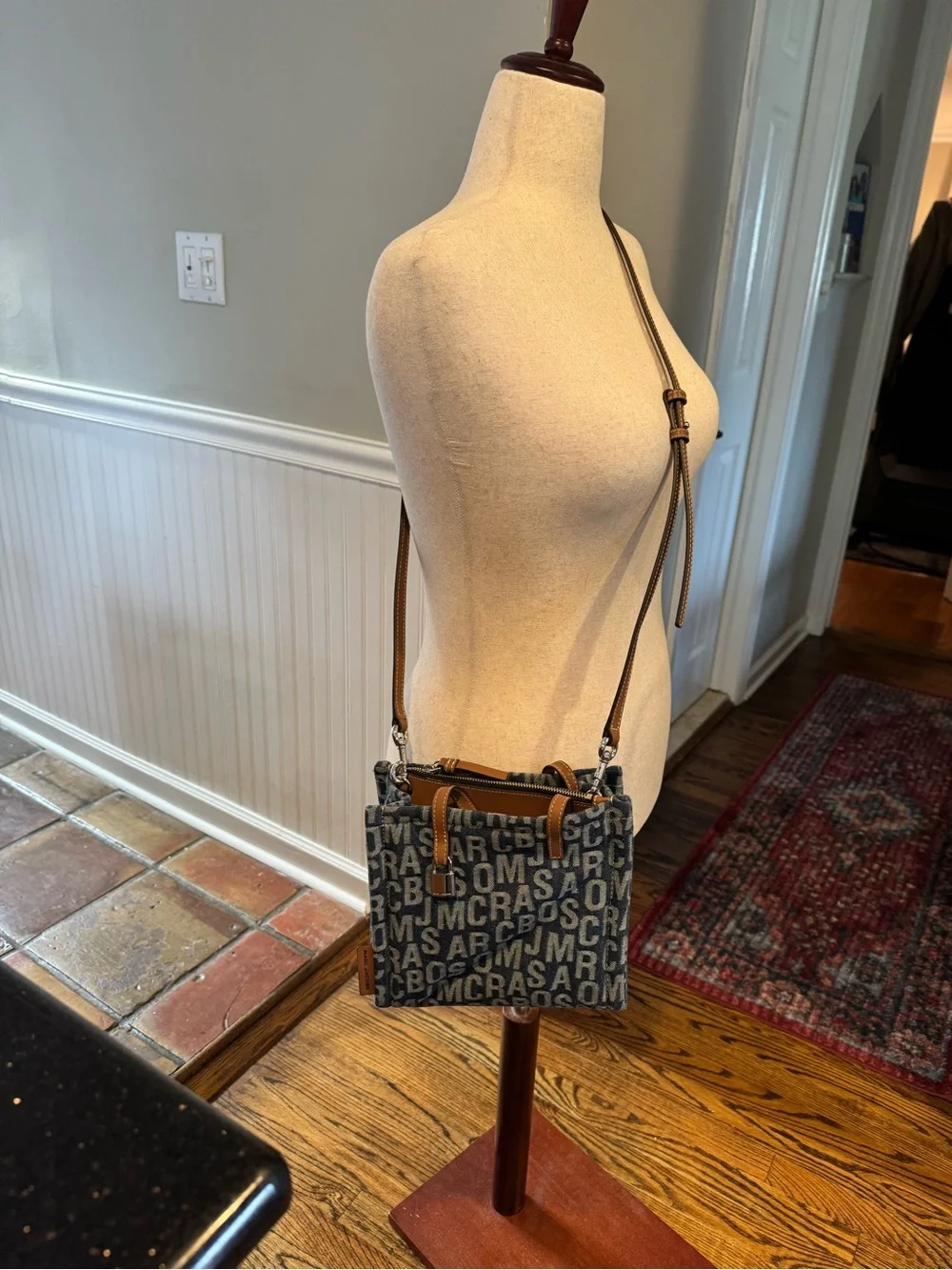 Marc Jacobs Blue Denim Logo Crossbody with Tan Leather Trim